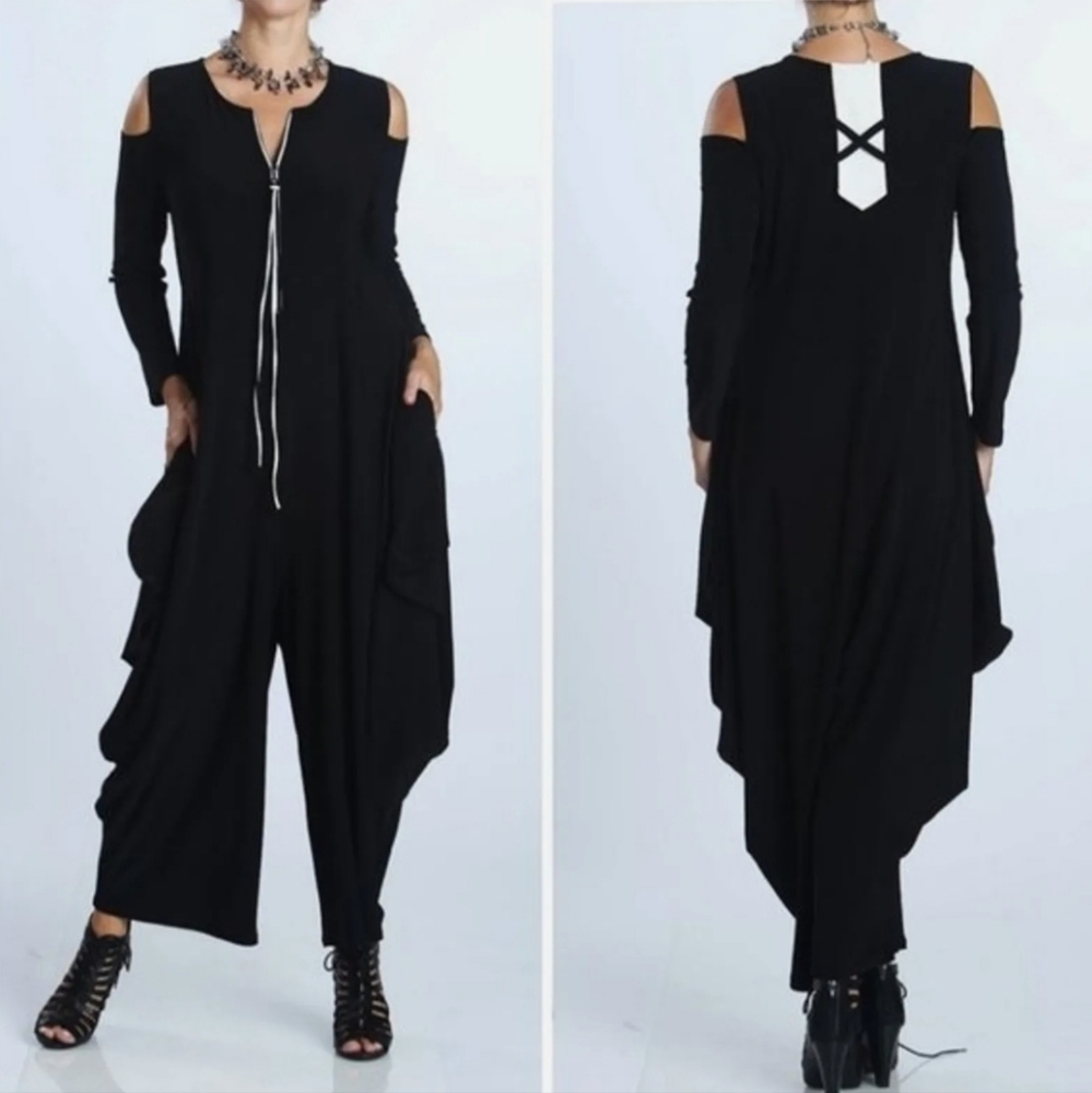 IC By Connie K Navy Blue Open Shoulder Long Sleeve Jumpsuit Lagenlook Size S